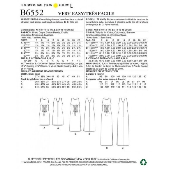 Butterick Sewing Pattern 6552 Misses Dress Lace Front Size 6-14 - Picture 2 of 3
